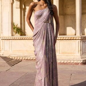 One-Shoulder Blush and Gold Saree Gown